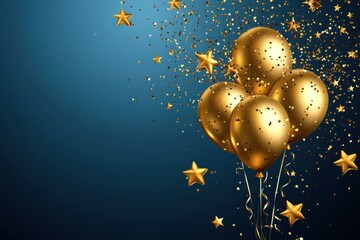 Airy golden balloon and flying confetti stars in a vector layout for celebration card