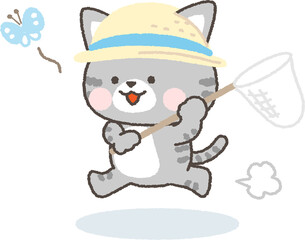 虫取り網で蝶を追いかけるサバトラネコ