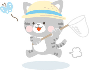 虫取り網で蝶を追いかけるサバトラネコ