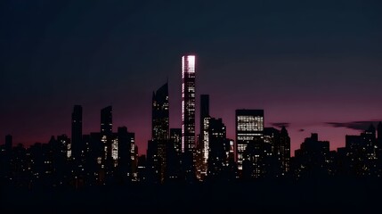 A time-lapse of city lights turning on as night falls over a metropolitan skyline, camera zooms out gradually, modern and dramatic urban atmosphere