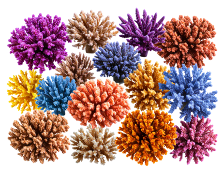 Colorful Assorted Coral Fragments in Flat Lay View cut out and isolated transparent background PNG