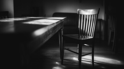 無人の椅子に射し込む光が、失われた対話や事件の痕跡を静かに物語る。心理的緊張感を演出する構図に適した素材。