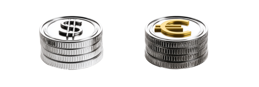 coin stack icon with dollar and euro signs, clean white background