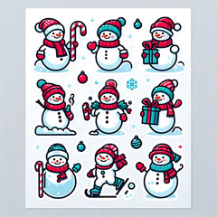 Fototapeta premium Snowman Holiday Sticker Sheet – Flat Vector