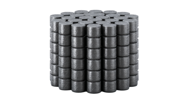 uranium fuel pellet stack, metallic gray texture, clean white background