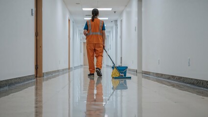 A cleaning staff member in an orange uniform pushes a mop bucket down a bright, clean hallway.