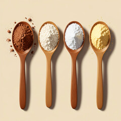 Four wooden spoons with cocoa powder, flour, a white crystalline powder, and yellow cornmeal lined up on a beige background.