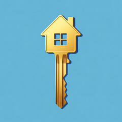 Gold key designed like a house on a blue background.