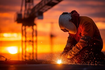 Welder in orange jacket and white helmet working with torch, bright sparks flying on construction site at sunset with crane silhouette, symbolizing skilled labor, safety, craftsmanship, and dedication