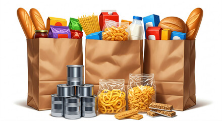 Three grocery bags with assorted food items, including bread, canned goods, pasta, and milk.