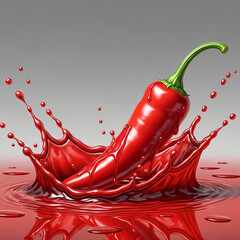 Red chili pepper splashing in red liquid, gray background.