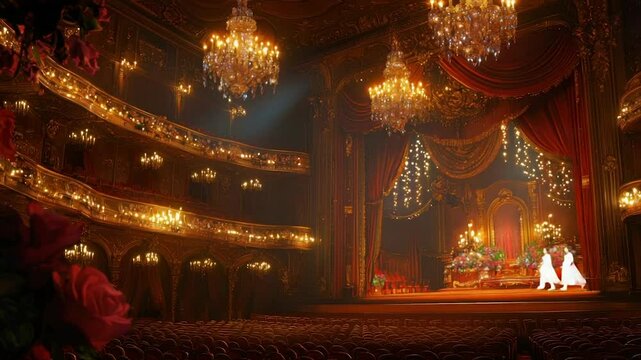 Opulent theatre stage, ornate details,  grand chandeliers, red velvet seating