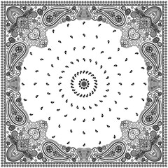 Bandana paisley square ethnic floral hand drawn pattern.Ornament classic vintage vector elements black on white background.Design for scarf,headscarf,kerchief,hijab,tablecloth,print fabric,decoration.