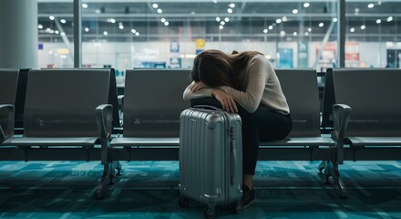 Exhausted Female Traveler Sitting with Luggage in Airport Departure Lounge, Feeling Depressed and Overwhelmed