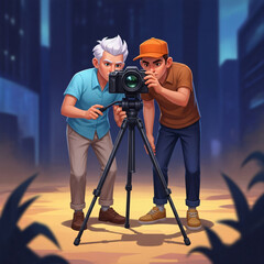 Two animated characters adjust a camera on a tripod in a dimly lit outdoor setting.