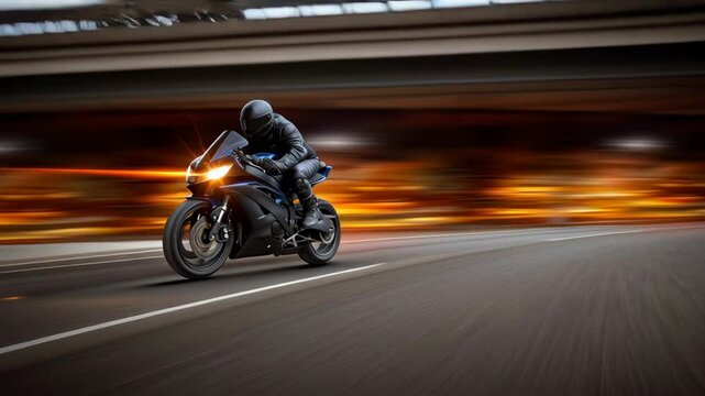 Motorcyclist in Black Gear Speeds Through Tunnel at High Speed, Creating Dynamic Motion Blur Effect and Conveying Excitement and Adrenaline