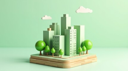 3D illustration of an eco-friendly cityscape model with skyscrapers, small houses, and trees, emphasizing sustainability and green urban living.