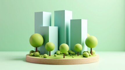 3D illustration of an eco-friendly cityscape model with skyscrapers, small houses, and trees, emphasizing sustainability and green urban living.