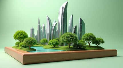 3D illustration of an eco-friendly cityscape model with skyscrapers, small houses, and trees, emphasizing sustainability and green urban living.