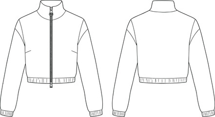 High neck cropped jacket flat sketch, fashion cad vector, technical drawing, front and back view, zipper closure, design illustration © Titan