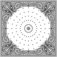 Bandana paisley square ethnic floral hand drawn pattern.Ornament classic vintage vector elements black on white background.Design for scarf,headscarf,kerchief,hijab,tablecloth,print fabric,decoration.