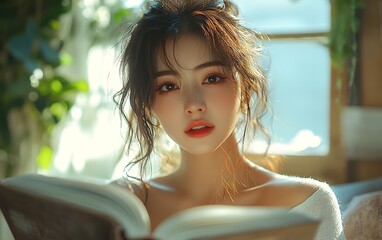 Woman Reading by Sunlit Window Surrounded by Soft Light and Foliage

