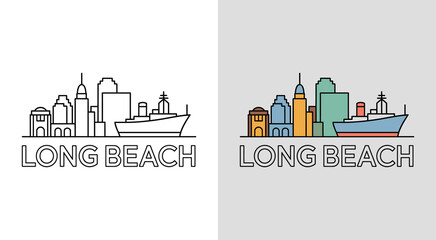Long Beach skyline with Queen Mary and harbor buildings for nautical cityscape art.