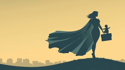 Supermom silhouette striding confidently with baby and briefcase, against city skyline.