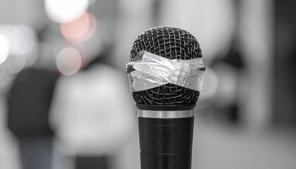 Close-up of microphone wrapped with tape in urban street setting, concept of censorship, protest, or street performance