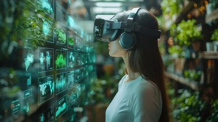 Woman using VR headset, viewing data on holographic display in a greenhouse - Powered by Adobe