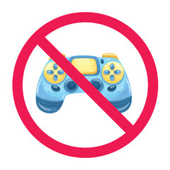 No playing games sign, prohibited video game symbol, game controller with red crossed circle symbol, stop gaming icon, restricted gaming activity sign
