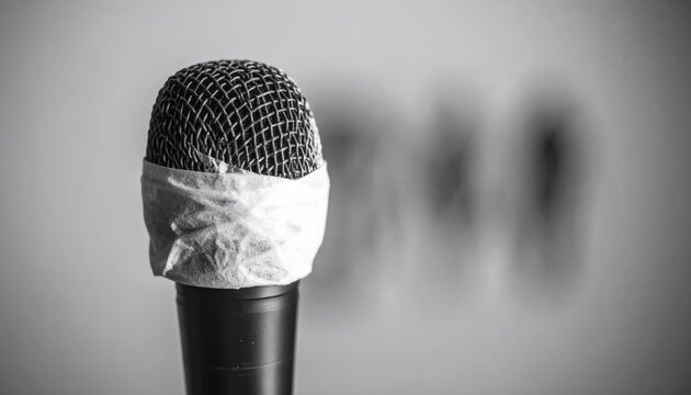 Close-up of microphone covered with plastic wrap symbolizing muted voice, censorship, or hygiene precautions during public speaking - Powered by Adobe