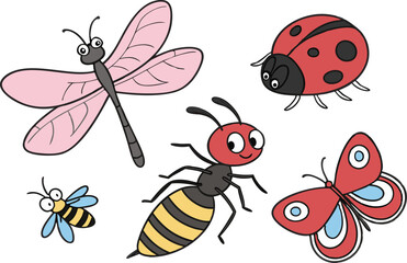 Insects and Small Creatures Clipart Set Featuring Bugs Beetles Worms and Tiny Critters. Hand Drawn Insects and Mini Creatures Collection for Educational and Kids Projects. Cute and Clean Insect