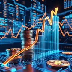 Digital rendering of rising coin stacks and bar charts made of glowing circuits and fiber optics, symbolizing futuristic financial growth. Background features AI processors, data flow lines