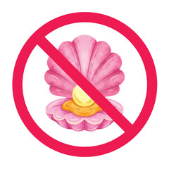 No seashell sign, forbidden sea shell sign, seashell with red crossed circle symbol, do not pick up seashells on the beach, never take seashells from beaches