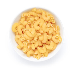 Bowl of raw cellentani pasta isolated on white background