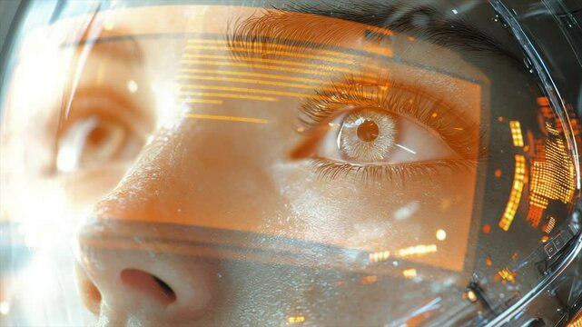 Close-up of a person's eyes seen through a futuristic helmet visor displaying orange data