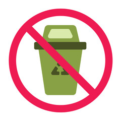 No trash can sign, stop using trash can sign, forbidden garbage can sign, flat vector illustration, isolated on white background