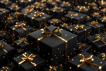 3D render of a large pile of black gift boxes with shiny golden ribbons forming a festive Christmas backdrop