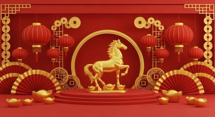 Fototapeta premium Golden Horse Figure in Festive Chinese New Year Setting