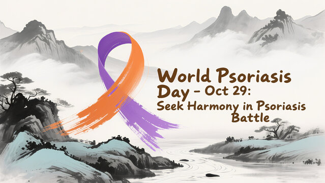 Ink landscape painting and purple orange ribbon represent the pursuit of harmony in the fight against psoriasis on World Psoriasis Day, and are used in cultural healing and public welfare promotion 