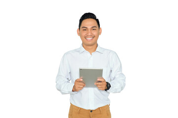 Portrait of happy young Asian man in formal wear holding digital tablet and looking at camera with...