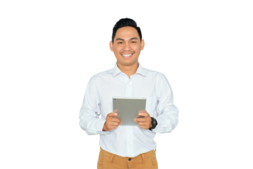 Portrait of happy young Asian man in formal wear holding digital tablet and looking at camera with smiling face isolated on transparent background