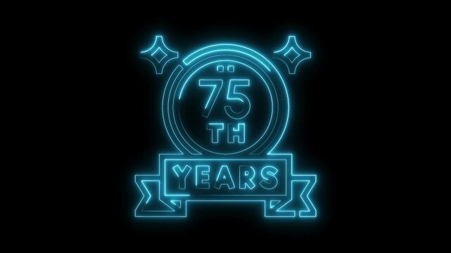 Glowing neon 75th anniversary badge animation on black background for celebrations and special events