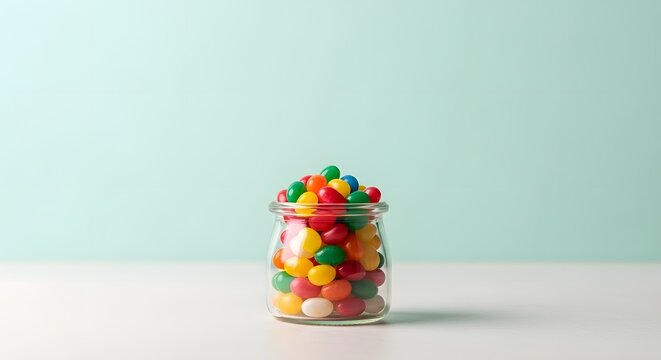 A glass jar filled with colorful jelly beans sits on a white surface against a light blue background. - Powered by Adobe
