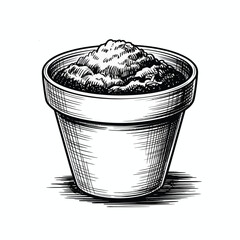 Hand Drawn Potted Plant with Soil Black and White Illustration