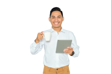 Portrait of smiling young Asian man in formal wear using digital tablet and holding cup of coffee, looking at camera with happy expression isolated on transparent background