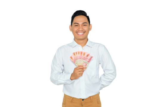 Finance concept. Smiling young Asian man in formal wear holding money and looking at camera with happy expression isolated on transparent background - Powered by Adobe