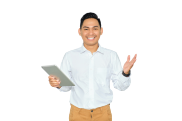 Portrait of happy young Asian man in formal wear holding digital tablet and looking at camera with toothy smile isolated on transparent background