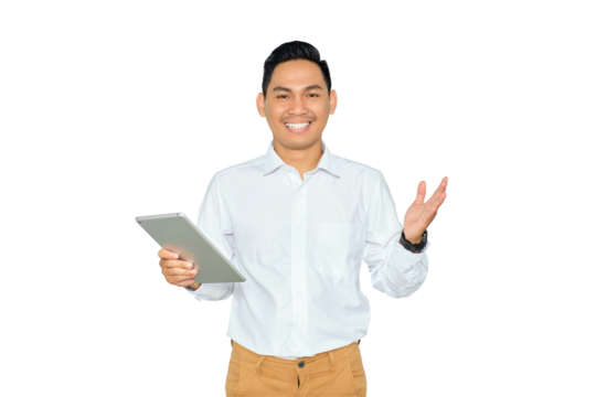Portrait of happy young Asian man in formal wear holding digital tablet and looking at camera with toothy smile isolated on transparent background